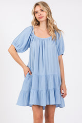 Light Blue Ribbon Back Detail Puff Sleeve Mini Dress