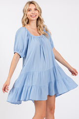 Light Blue Ribbon Back Detail Puff Sleeve Mini Dress