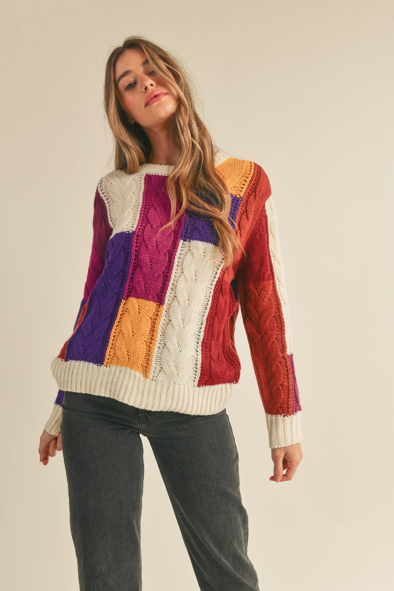 Ivory Fuchsia Multi Color Block Cable Knit Sweater PinkBlush