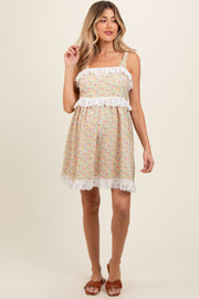 Cream Floral Square Neck Shoulder Tie Lace Trim Maternity Dress