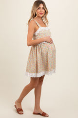 Cream Floral Square Neck Shoulder Tie Lace Trim Maternity Dress