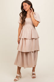 Beige Smocked Square Neck Short Puff Sleeve Ruffle Tiered Maternity Midi Dress