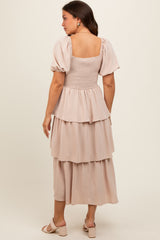 Beige Smocked Square Neck Short Puff Sleeve Ruffle Tiered Maternity Midi Dress