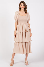 Beige Smocked Square Neck Short Puff Sleeve Ruffle Tiered Midi Dress