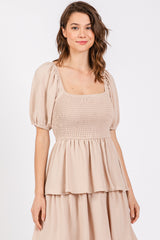 Beige Smocked Square Neck Short Puff Sleeve Ruffle Tiered Midi Dress