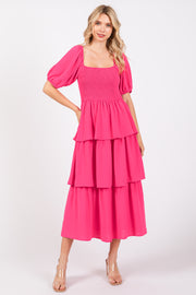 Fuchsia Smocked Body Ruffled Tiered Dress