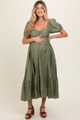 Olive Ruched Sweetheart Neck Tiered Maternity Midi Dress