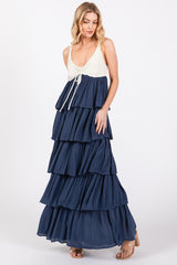 Navy Colorblock Crochet Tiered Maxi Dress