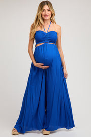 Royal Blue Smocked Drawstring Halter Side Cutout Maternity Jumpsuit