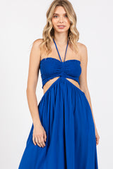 Royal Blue Smocked Drawstring Halter Side Cutout Jumpsuit