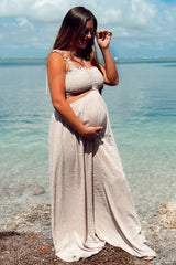 Cream Smocked Drawstring Halter Side Cutout Maternity Jumpsuit