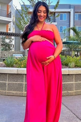 Fuchsia Smocked Drawstring Halter Side Cutout Maternity Jumpsuit