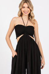 Black Smocked Drawstring Halter Side Cutout Jumpsuit