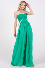 Green Smocked Drawstring Halter Side Cutout Maternity Jumpsuit