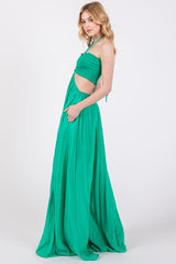 Green Smocked Drawstring Halter Side Cutout Jumpsuit