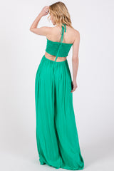 Green Smocked Drawstring Halter Side Cutout Jumpsuit