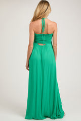 Green Smocked Halter Maternity Maxi Dress