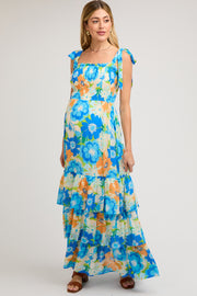 Blue Floral Smocked Shoulder Strap Maternity Maxi Dress