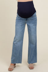 Blue Unfinished Hem Wide Leg Maternity Jeans