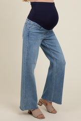 Blue Unfinished Hem Wide Leg Maternity Jeans