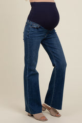 Navy Blue Flare Leg Raw Hem Maternity Jeans