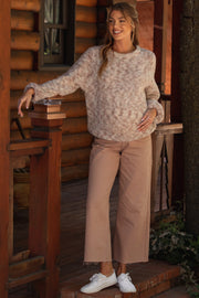 Beige Wide Leg Raw Hem Maternity Jeans