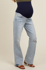 Light Blue Acid Wash Open Knee Maternity Bootcut Jeans