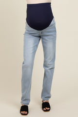 Light Blue Distressed Hem Straight Leg Maternity Jeans