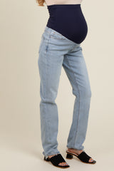 Light Blue Distressed Hem Straight Leg Maternity Jeans