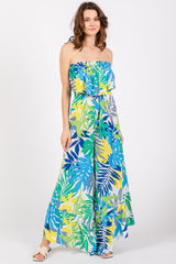 Multi-Color Palm Strapless Ruffle Wide Leg Maternity Jumpsuit