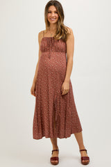 Rust Ditsy Floral Side Slit Maternity Midi Dress