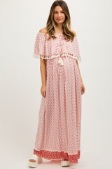 Peach Tile Off Shoulder Tassel Edge Maternity Maxi Dress