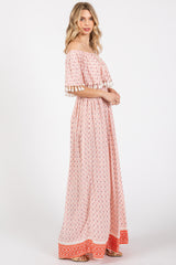 Peach Tile Off Shoulder Tassel Edge Maxi Dress