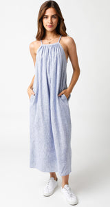 Blue Striped Linen Maternity Midi Dress