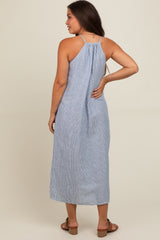 Blue Striped Linen Maternity Midi Dress