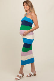 Blue Bodycon Halter Maternity Midi Dress