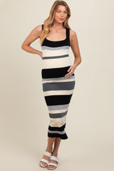 Black Striped Sweater Square Neck Maternity Midi Dress