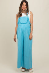 Blue Crochet Lace Trim Maternity Overalls