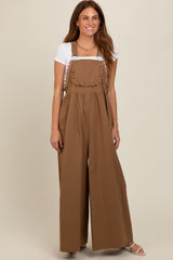 Mocha Crochet Lace Trim Maternity Overalls