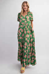 Green Floral Ruffle Neck Tiered Maternity Maxi Dress