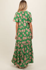 Green Floral Ruffle Neck Tiered Maternity Maxi Dress