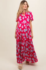 Coral Floral Ruffle Neck Tiered Maternity Maxi Dress