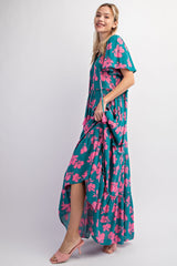 Dark Teal Floral Ruffle Neck Tiered Maternity Maxi Dress