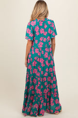 Dark Teal Floral Ruffle Neck Tiered Maternity Maxi Dress