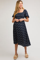 Navy Floral Square Neck Smocked Maternity Midi Dress