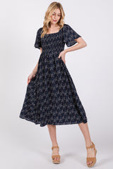 Navy Floral Square Neck Smocked Maternity Midi Dress