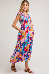 Multi-Color Smocked Ruffle Maternity Midi Dress