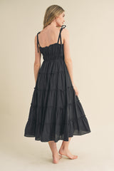 Black Tiered Tie Strap Midi Dress