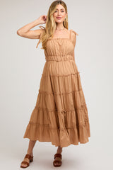 Camel Tiered Tie Strap Maternity Midi Dress