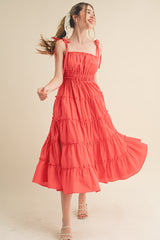 Red Tiered Tie Strap Maternity Midi Dress